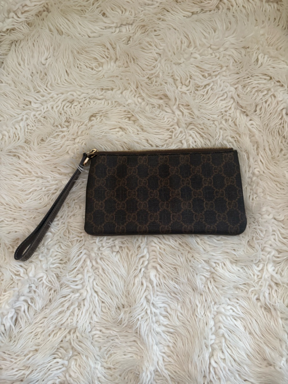 Authentic GUCCI Brown/Bronze GG Coated Canvas Wristlet Pochette Clutch Bag